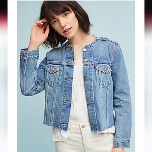 Levi's Altered Trucker Jacket Collarless Raw Hem Blue Denim Jacket Sz S